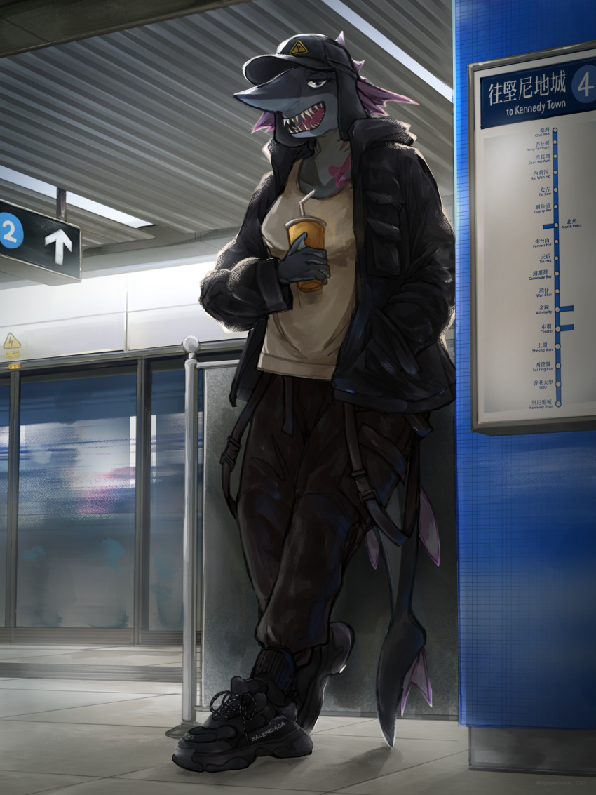 absurd_res anthro balenciaga fashion female fish goblin_shark hi_res holding_object lamniform leaning leaning_back leaning_on_object marine mitsukurinid mynameiscomic shark smile smiling_at_viewer solo standing subway techwear teeth teeth_showing train vehicle