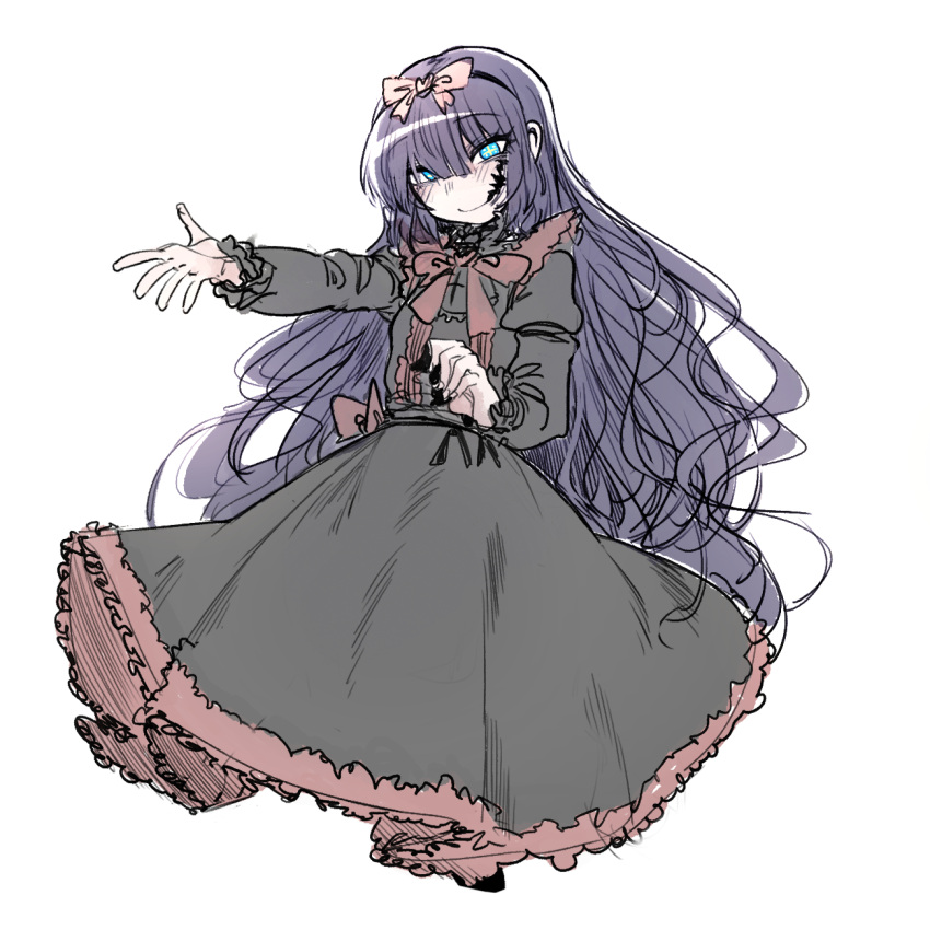 +_+ 1girl bangs black_dress black_hairband black_souls bow closed_mouth dress eyebrows_visible_through_hair hair_between_eyes hairband highres juliet_sleeves light_blue_eyes long_sleeves looking_at_viewer mabel_(black_souls) nyong_nyong outstretched_arm pink_bow puffy_sleeves red_bow simple_background smile solo white_background