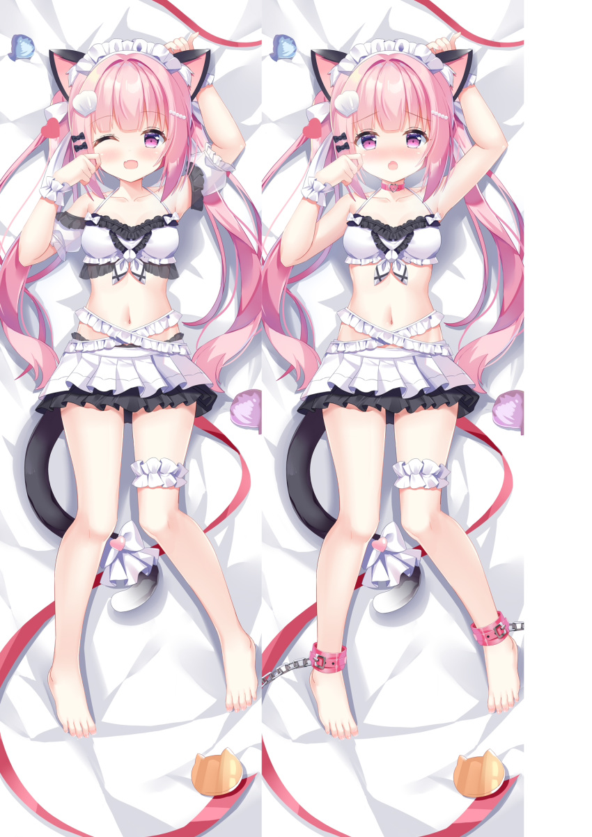 1girl :o animal_ears ankle_cuffs arm_scrunchie arm_up armpits bangs barefoot bed_sheet blush bow cat_ears cat_girl cat_tail choker collarbone crop_top dakimakura_(medium) detached_sleeves eyebrows_visible_through_hair fang fengshen_chino halterneck hand_up heart highres leg_garter long_hair looking_at_viewer lying maid maid_headdress miniskirt multiple_views navel on_back on_bed one_eye_closed original pink_choker pink_eyes pink_hair restrained short_sleeves skin_fang skirt tail tail_bow tail_ornament toes