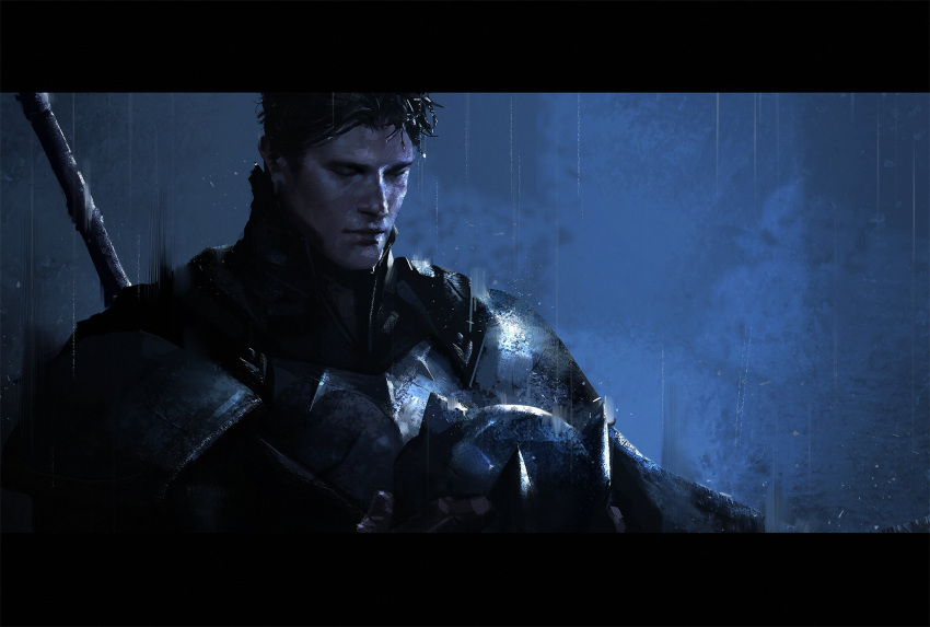 1boy armor batman batman_(series) black_armor black_border black_hair border bruce_wayne closed_eyes closed_mouth dark_knights_of_steel dc_comics headwear_removed helmet helmet_removed highres holding holding_helmet male_focus night outdoors rain short_hair sideburns solo superhero sword sword_behind_back untitle water_drop weapon weapon_behind_back wet wet_hair