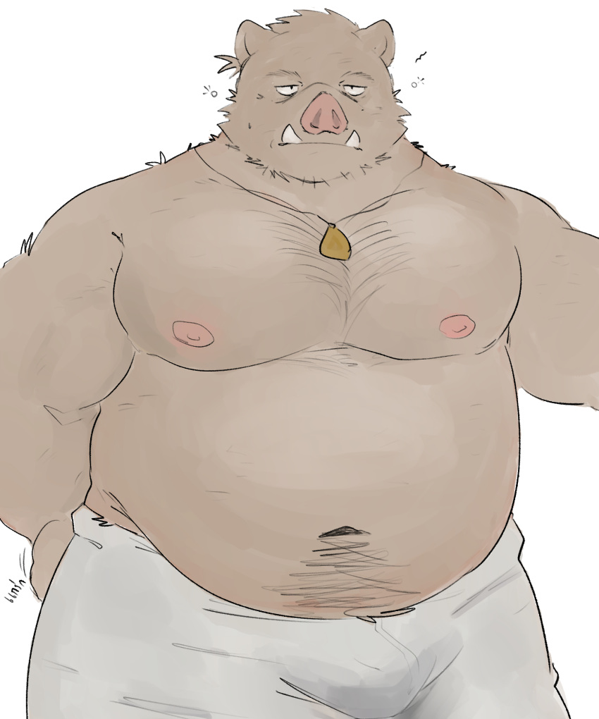 2022 anthro belly bottomwear bulge clothing hi_res kemono male mammal moobs navel nipples overweight overweight_male pants simple_background solo suid suina sus_(pig) whitebeast20 wild_boar