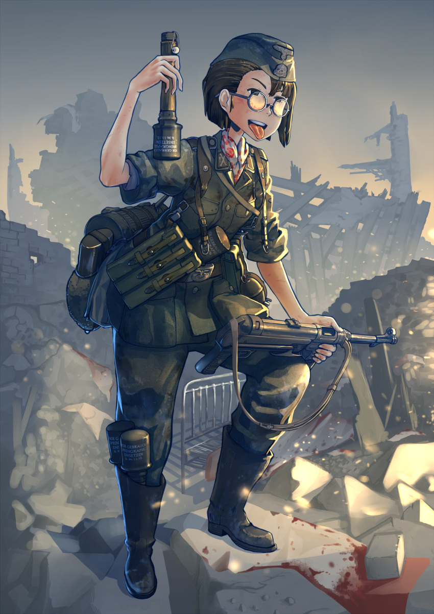 1girl blood commentary erica_(naze1940) explosive glasses grenade gun highres holding holding_weapon military military_uniform mp40 open_mouth original reichsadler revision solo standing stick_grenade stielhandgranate submachine_gun tongue tongue_out totenkopf uniform war weapon world_war_ii