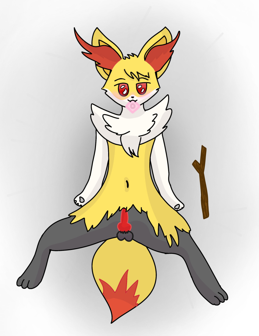 absurd_res anthro black_body black_fur blush braixen canid canine condom evaite205 fluffy fluffy_chest fluffy_ears fluffy_tail fox fur genitals girly grey_background grey_body grey_fur hi_res knot male mammal neck_tuft nintendo penis pok&eacute;mon pok&eacute;mon_(species) red_body red_eyes red_fur scruff sexual_barrier_device simple_background solo stick tuft video_games white_background white_body white_fur yellow_body yellow_fur