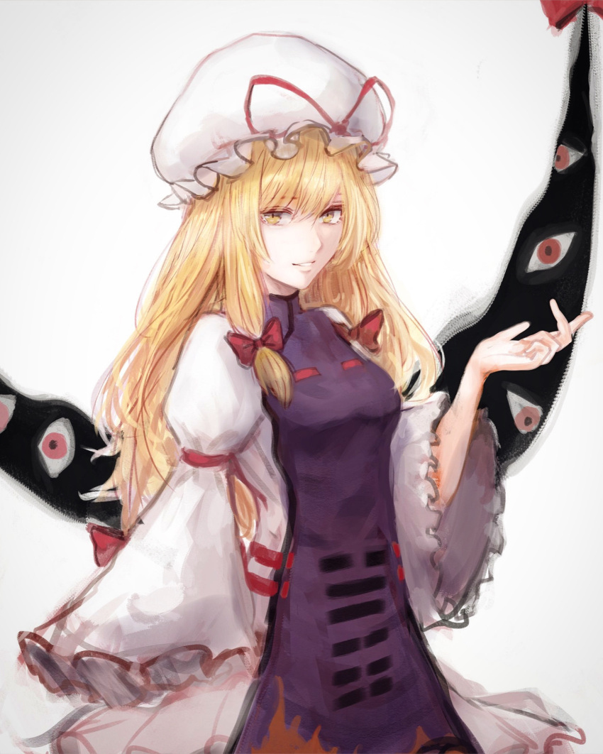 1girl arm_strap bangs blonde_hair bow breasts dress flame_print frilled_sleeves frills gap_(touhou) grin hair_between_eyes hair_bow hand_up hat hat_ribbon highres iothree7 light_smile long_hair long_sleeves looking_at_viewer medium_breasts mob_cap pink_eyes red_bow red_ribbon ribbon sidelocks simple_background sketch smile solo tabard touhou trigram very_long_hair white_background white_dress white_headwear wide_sleeves yakumo_yukari yellow_eyes