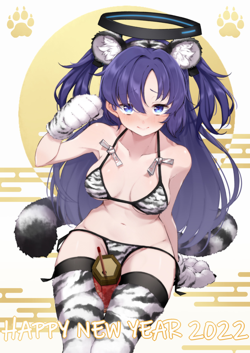 1girl absurdres alternate_costume animal_costume animal_ears animal_hands animal_print bangs bare_arms bare_shoulders bikini blue_archive blue_eyes blush breasts collarbone commentary_request eyebrows_visible_through_hair gloves halo highres long_hair looking_at_viewer navel new_year purple_eyes purple_hair side-tie_bikini solo swimsuit tail take_mawile thighhighs tiger_costume tiger_ears tiger_paws tiger_print tiger_stripes tiger_tail two_side_up very_long_hair yuuka_(blue_archive)