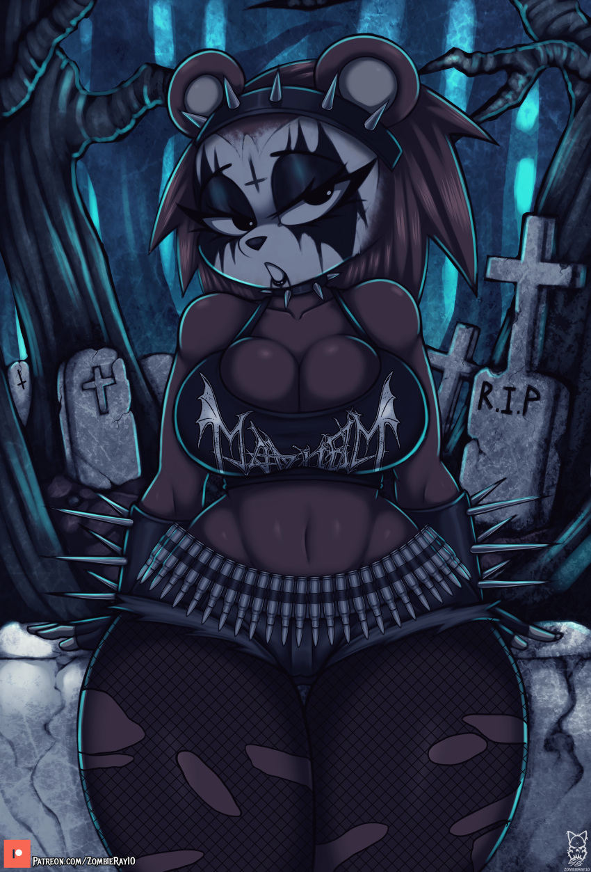 absurd_res animal_crossing anthro big_breasts breasts brown_hair cleavage clothed clothing female goth hair hi_res mammal nintendo sable_able solo spikes tombstone torn_clothing video_games wide_hips zombieray10