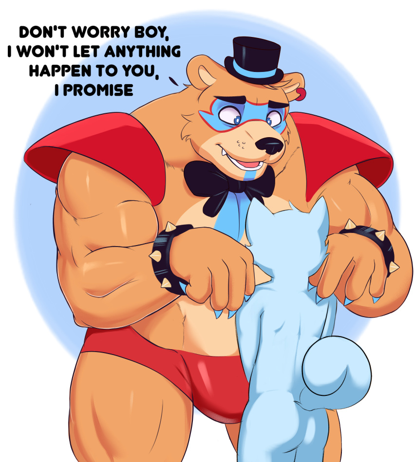 absurd_res animatronic anthro big_bulge bulge clothing doggonut duo ear_piercing english_text five_nights_at_freddy's five_nights_at_freddy's:_security_breach fur glamrock_freddy_(fnaf) hair hat headgear headwear hi_res machine male male/male mammal muscular muscular_anthro muscular_male piercing robot scottgames simple_background size_difference text top_hat ursid video_games ych_(character)