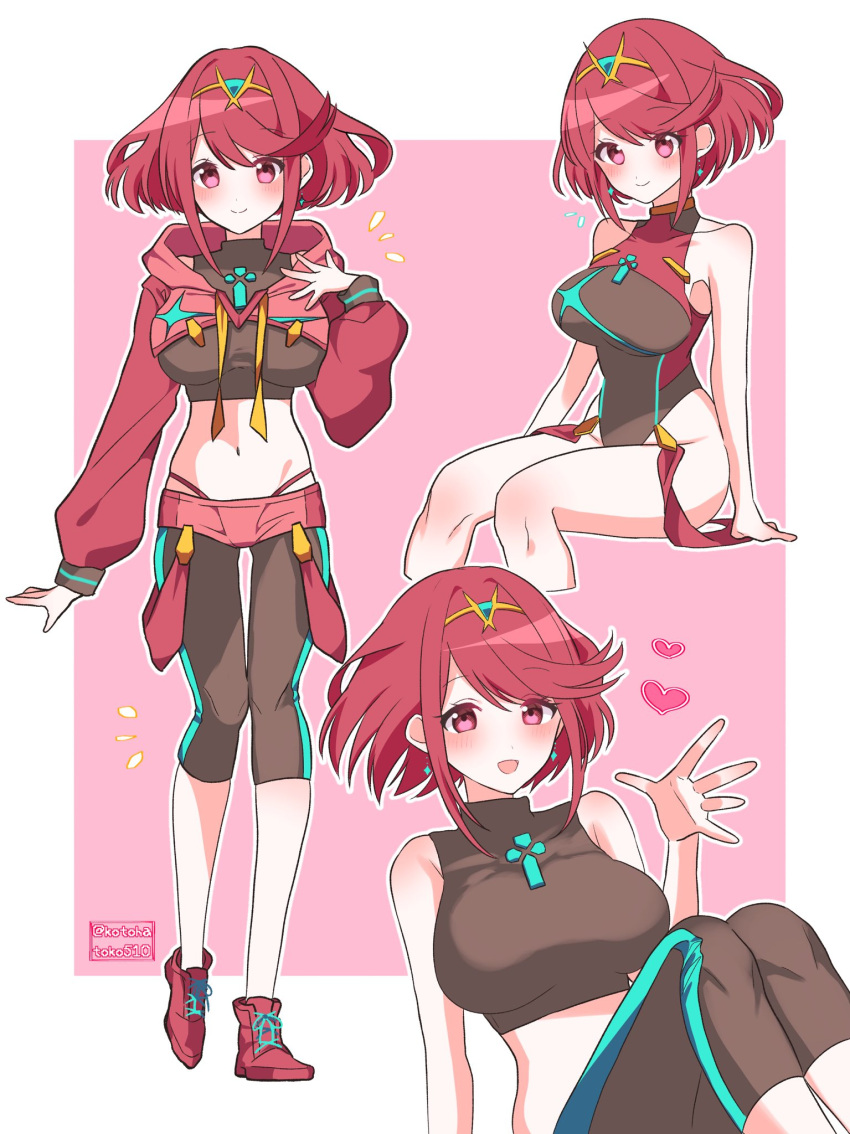 adapted_costume alternate_costume bangs black_swimsuit breasts chest_jewel competition_swimsuit headpiece highres kotohatoko510 large_breasts one-piece_swimsuit pyra_(pro_swimmer)_(xenoblade) pyra_(xenoblade) red_eyes red_hair red_swimsuit ribbed_swimsuit short_hair swept_bangs swimsuit tiara two-tone_swimsuit xenoblade_chronicles_(series) xenoblade_chronicles_2