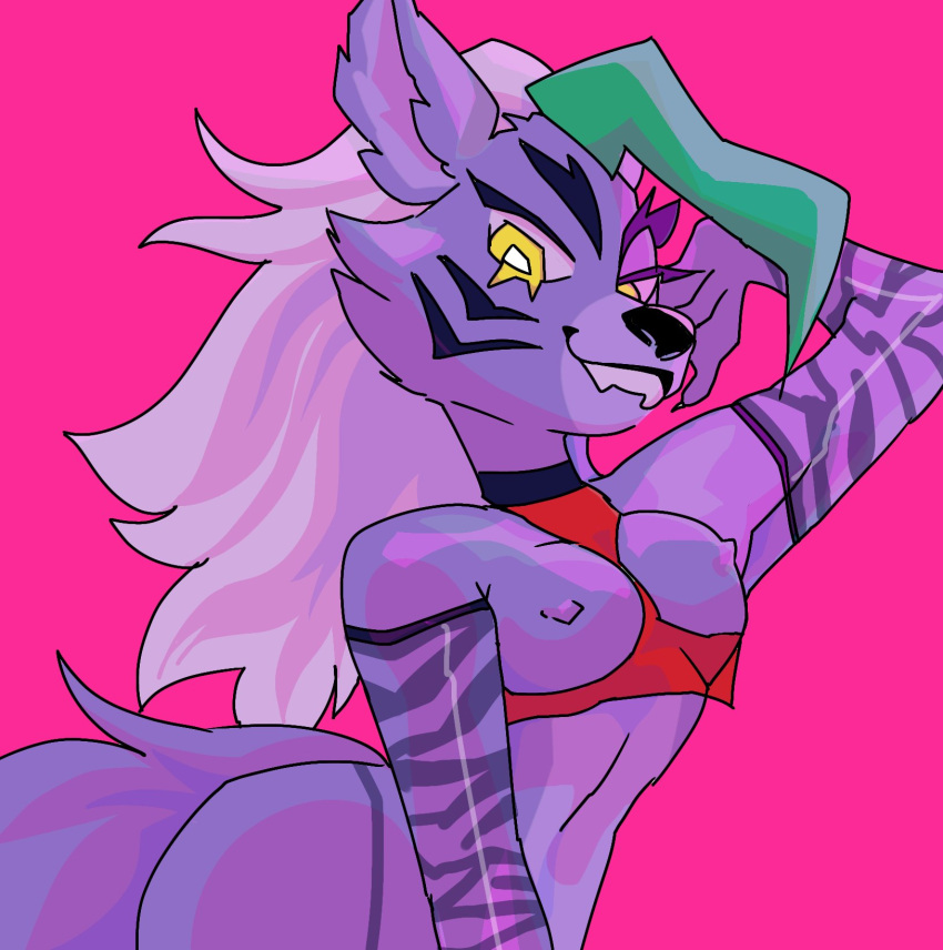 2022 abs animatronic anthro arm_warmers armwear blonde_hair bodypaint breasts canid canine canis cleavage cleavage_cutout clothed clothing collar collar_shirt dominant dominant_female erect_nipples eye_contact eyebrows eyelashed eyelashes facial_markings facial_tuft fangs female five_nights_at_freddy's five_nights_at_freddy's:_security_breach five_nights_at_freddy's_world flat_stomach fluffy fluffy_ears fluffy_hair fluffy_tail fur glistening glistening_body glistening_nose glowing glowing_eyes green_hair grey_body grey_fur hair head_markings hi_res lipstick looking_at_another machine makeup mammal markings mostly_nude mostly_offscreen_character nipples notched_ear partially_clothed pink_nipples raised_arm red_clothing robot roxanne_wolf_(fnaf) scottgames slim small_waist smile smiling_at_viewer smirk solo teeveeomegas thick_eyebrows thick_eyelashes tiger_stripes video_games wide_hips wolf wolf_tail yellow_eyes