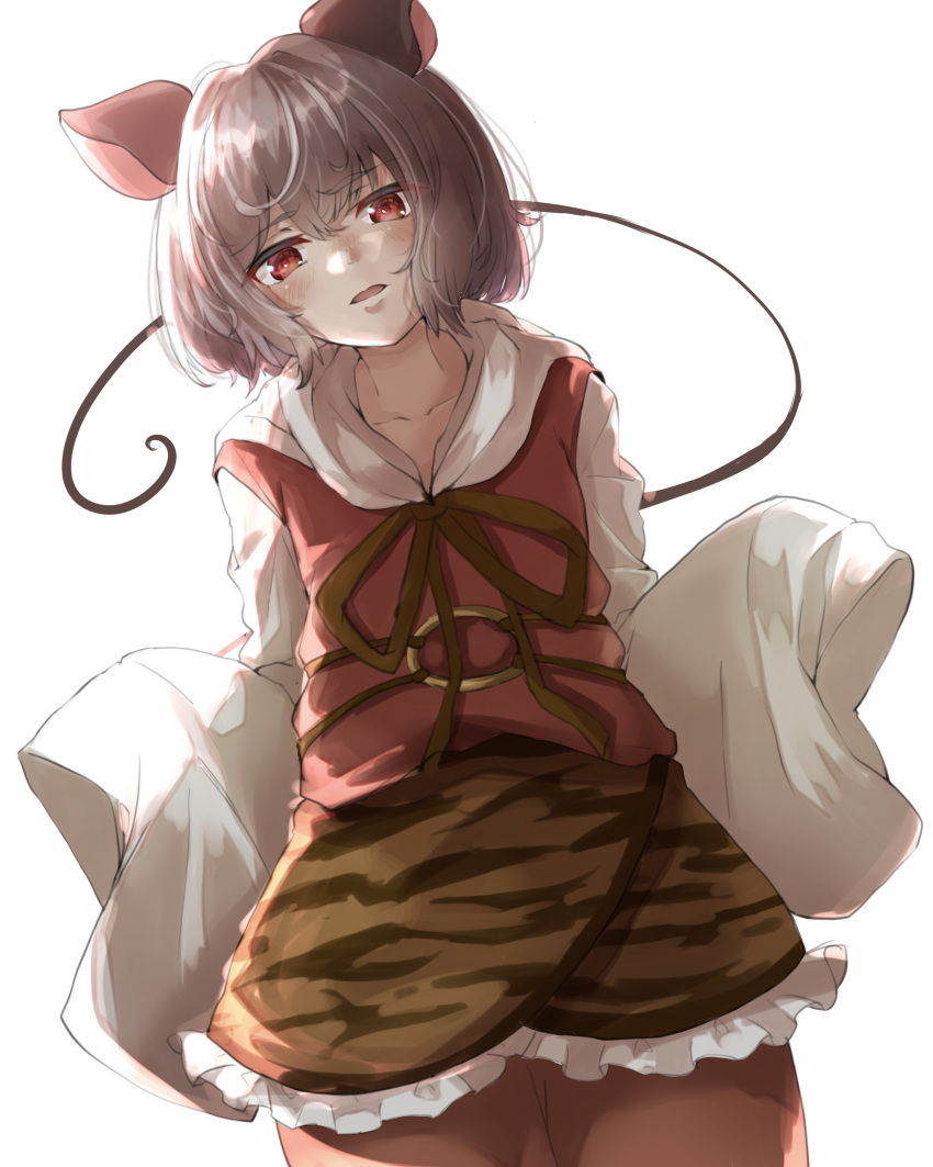 1girl absurdres animal_ears bangs black_ribbon blush brown_ribbon commentary_request cosplay cowboy_shot dress eyebrows_visible_through_hair frilled_skirt frills grey_hair gumi_(fwjn7284) highres looking_at_viewer mouse_ears mouse_girl mouse_tail nazrin o-ring open_mouth orange_skirt red_dress red_eyes ribbon short_hair simple_background skirt sleeves_past_fingers sleeves_past_wrists solo tail toramaru_shou toramaru_shou_(cosplay) touhou white_background wide_sleeves