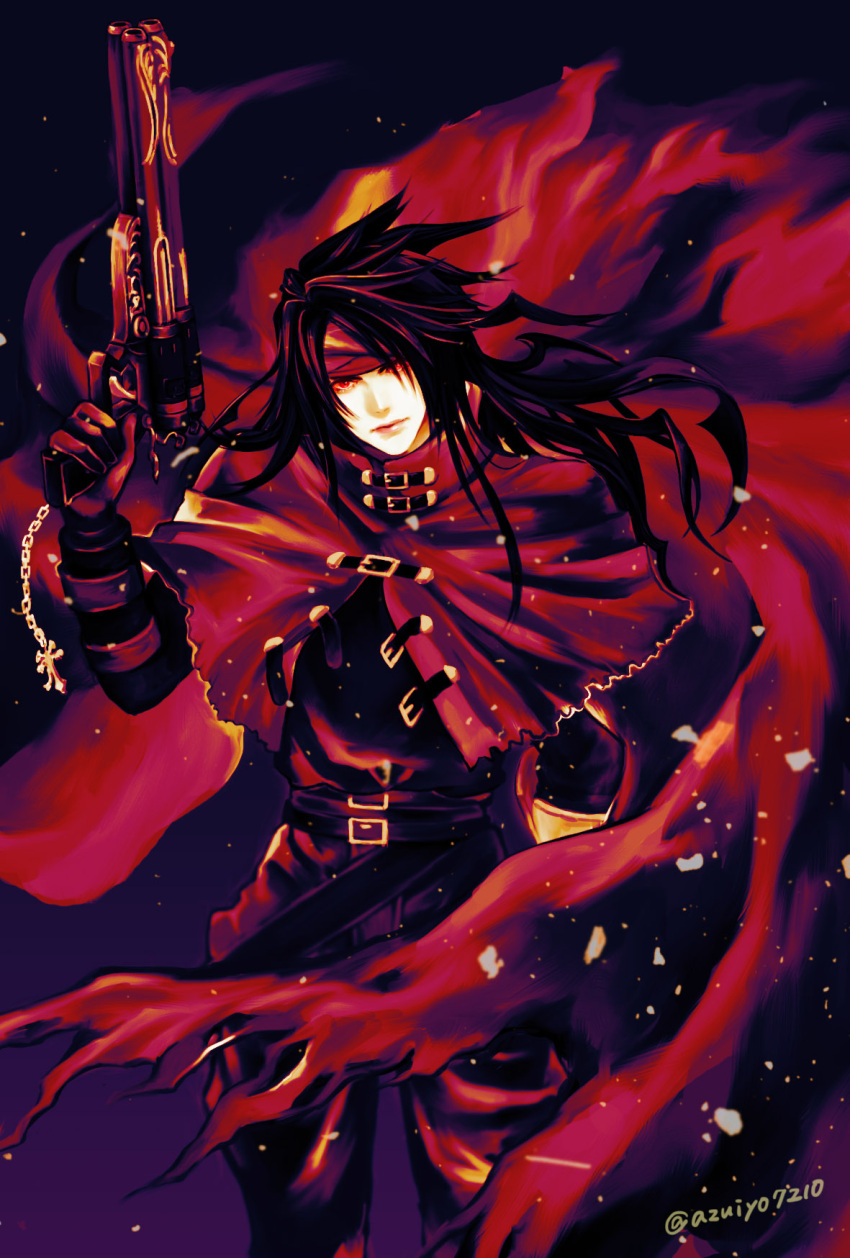 1boy azuiyo7210 bandana black_hair buckle cloak dirge_of_cerberus_final_fantasy_vii final_fantasy final_fantasy_vii gloves gun highres keychain long_hair looking_at_viewer messy_hair pale_skin red_eyes torn_clothes vincent_valentine weapon