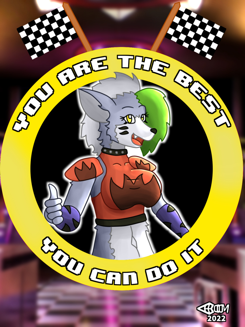 3:4 absolute_boom anthro armband armwear black_nose canid canine canis clothing collar eye_markings female five_nights_at_freddy's five_nights_at_freddy's:_security_breach fur gesture green_hair hair hi_res looking_at_viewer mammal markings motivational_poster navel open_mouth roxanne_wolf_(fnaf) scottgames shoulder_pads solo spiked_collar spikes thumbs_up video_games white_body white_fur white_hair wolf