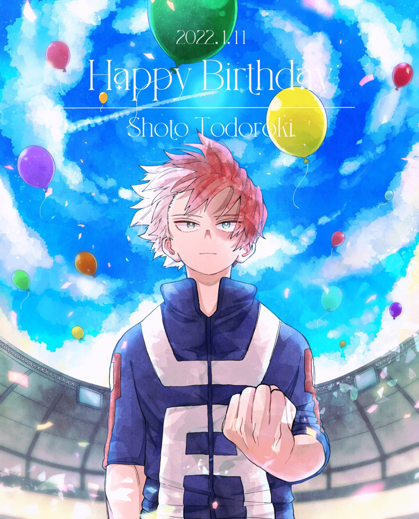 1boy balloon bangs blue_eyes blue_sky boku_no_hero_academia burn_scar character_name clenched_hand confetti dated day english_text expressionless fisheye hair_between_eyes hair_blowing happy_birthday heterochromia highres long_bangs looking_ahead male_focus multicolored_hair red_hair scar scar_on_face short_hair sky smile solo split-color_hair stadium swirl text_focus todoroki_shouto two-tone_hair u.a._gym_uniform usamipyo white_hair