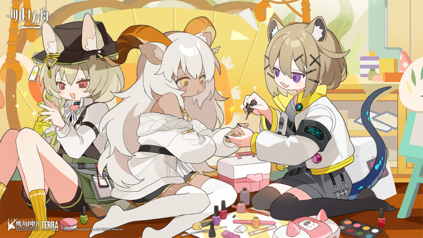 3girls :d :o animal_ear_fluff animal_ears arknights artist_request bangs bare_shoulders beanstalk_(arknights) beeswax_(arknights) beeswax_(weisser_sand)_(arknights) black_headwear black_legwear black_nails black_shorts black_skirt brown_eyes brown_hair brown_nails commentary_request dark-skinned_female dark_skin ears_through_headwear eyebrows_visible_through_hair fang grey_hair hair_between_eyes hair_ornament hairclip hat highres horns jacket knees_together_feet_apart knees_up long_hair long_sleeves multicolored_nails multiple_girls nail_polish no_shoes official_alternate_costume open_clothes open_jacket painting_nails parted_lips puffy_long_sleeves puffy_sleeves purple_eyes red_eyes ribbed_legwear shirt short_shorts shorts sitting skirt sleeveless sleeveless_shirt smile socks tail thighhighs utage_(arknights) very_long_hair wariza white_jacket white_legwear white_shirt x_hair_ornament yellow_legwear yellow_nails