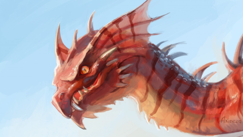 16:9 2022 akineza ambiguous_gender day detailed_background digital_media_(artwork) dragon fangs headshot_portrait long_neck looking_at_viewer orange_eyes outside portrait pupils red_body red_scales scales scalie sharp_teeth signature sky slit_pupils solo spines teeth widescreen