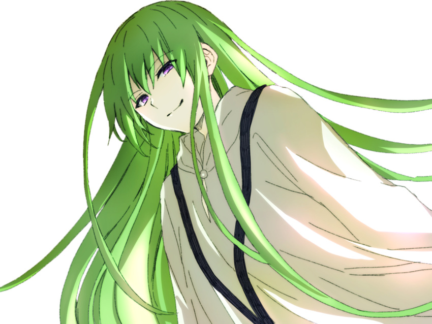 1other bangs closed_mouth eyebrows_visible_through_hair fate/strange_fake fate_(series) green_hair hair_between_eyes kingu_(fate) long_hair looking_at_viewer purple_eyes robe simple_background smile solo tachitsu_teto upper_body very_long_hair white_background white_robe