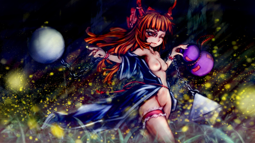 1girl absurdres bangs blue_kimono blunt_bangs bow breasts chain closed_mouth commentary_request fang fang_out feet_out_of_frame fireflies gourd grass hair_bow highres horns ibuki_suika japanese_clothes kimono long_hair looking_afar mask_3dcg medium_breasts nipples one_eye_closed open_clothes open_kimono orange_eyes orange_hair orb pyramid_(geometry) smile solo thigh_strap touhou wrist_cuffs