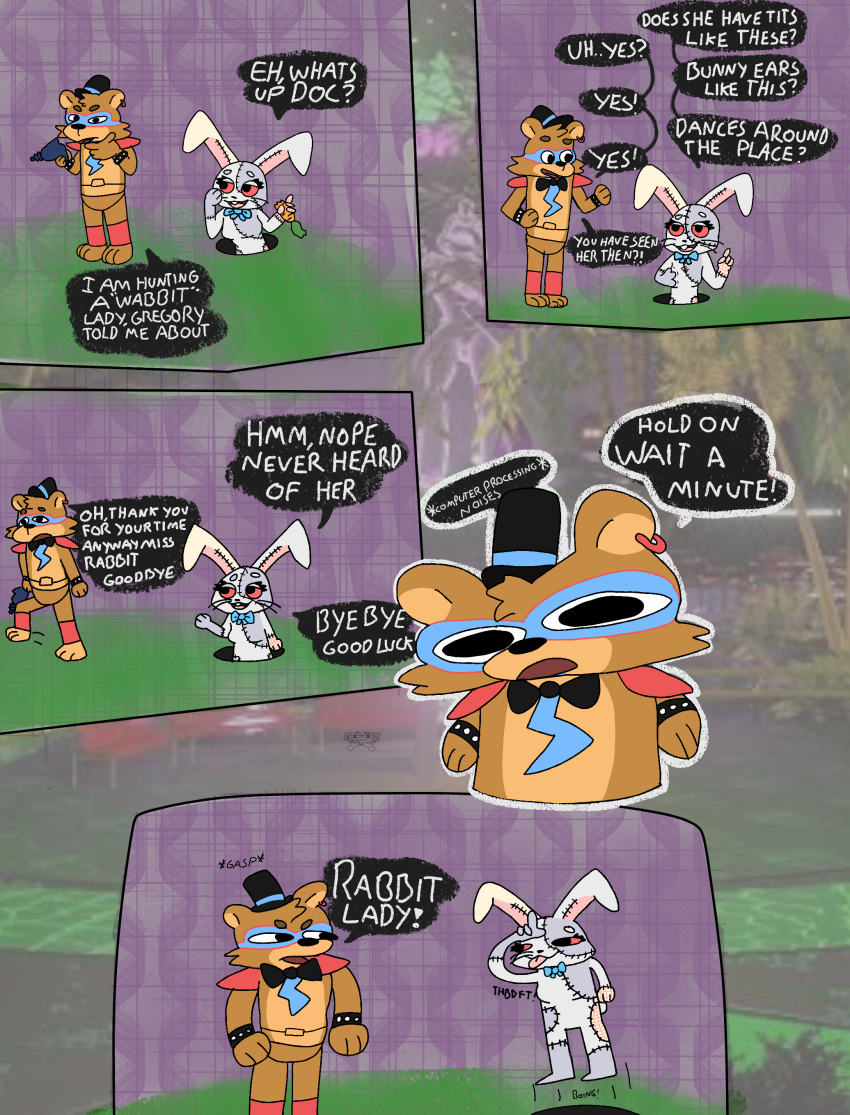 absurd_res angry anthro bow_ribbon bow_tie bracelet brown_body brown_fur clothing comic confusion dialogue duo ear_piercing ear_ring female five_nights_at_freddy's five_nights_at_freddy's:_security_breach fur glamrock_freddy_(fnaf) hat headgear headwear heca_g hi_res hole_(pit) jewelry jumping lagomorph leporid lightning_bolt machine male mammal motion_lines piercing rabbit red_eyes robot sad scottgames seam_(sewing) simple_background sound_effects spiked_bracelet spikes text thinking top_hat ursid vanny_(fnaf) video_games