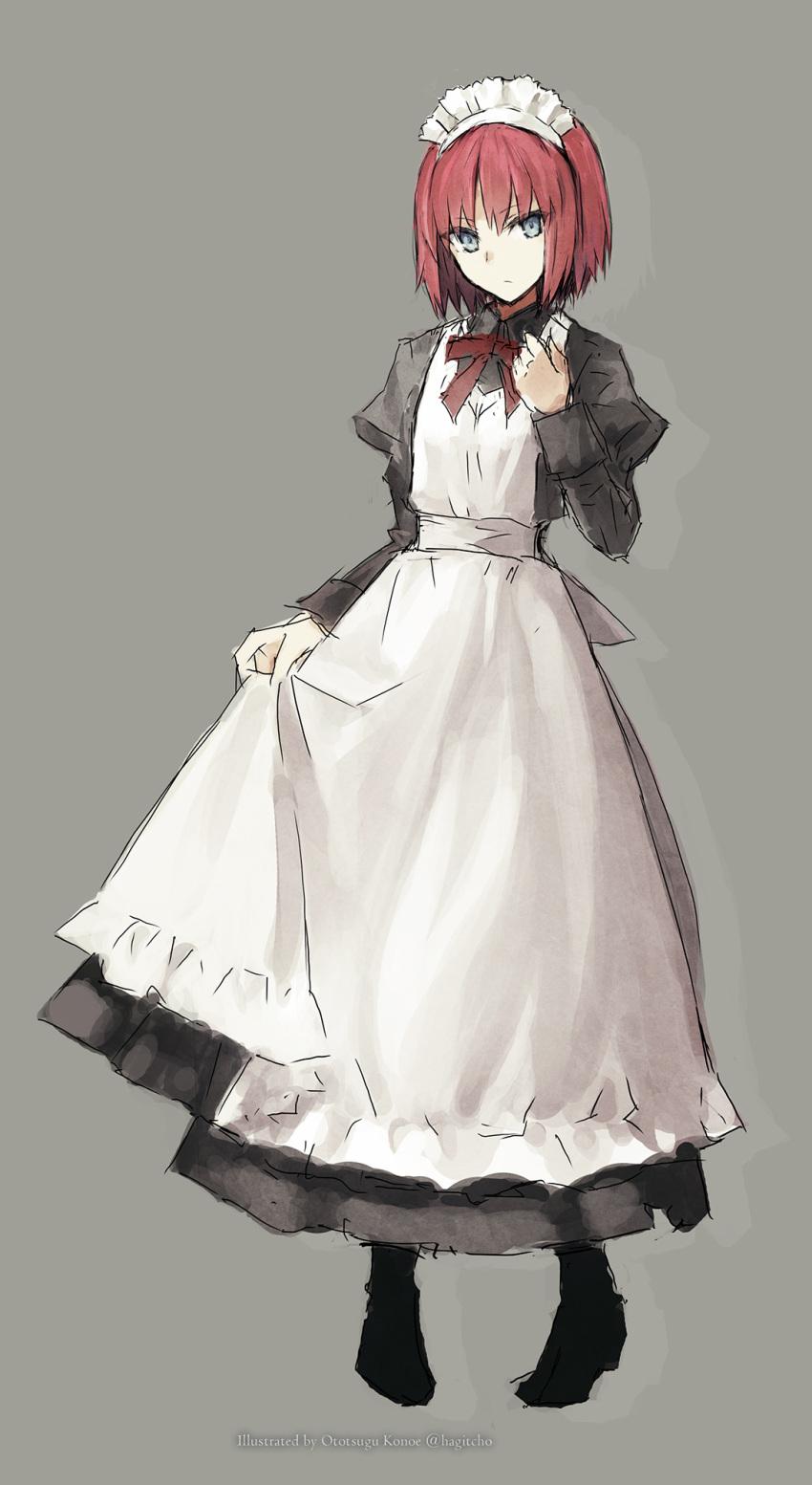 1girl apron artist_name bangs black_dress black_footwear blue_eyes closed_mouth commentary dress eyebrows_visible_through_hair full_body grey_background highres hisui_(tsukihime) juliet_sleeves konoe_ototsugu long_sleeves looking_at_viewer maid maid_apron maid_headdress neck_ribbon puffy_sleeves red_hair red_ribbon ribbon short_hair simple_background skirt_hold solo tsukihime tsukihime_(remake) twitter_username white_apron