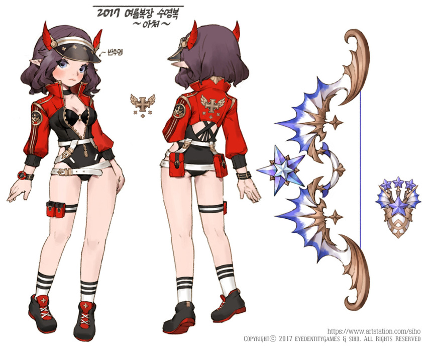 2017 artstation_username blue_eyes blush bow_(weapon) breasts character_request character_sheet cleavage commentary_request dragon_nest korean_commentary korean_text medium_hair pointy_ears siho_white star_(symbol) translation_request weapon web_address