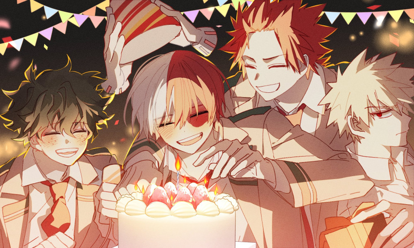 1girl 4boys bakugou_katsuki bangs birthday blue_eyes blush boku_no_hero_academia box burn_scar cake cake_delay candle confetti dated food frown fruit gift gift_box grin hagakure_tooru hair_between_eyes hat heterochromia highres kirishima_eijirou light_blush long_bangs male_focus midoriya_izuku multicolored_hair multiple_boys night open_mouth party_hat pennant red_hair scar scar_on_face school_uniform short_hair smile solo_focus split-color_hair strawberry todoroki_shouto two-tone_hair u.a._school_uniform white_hair