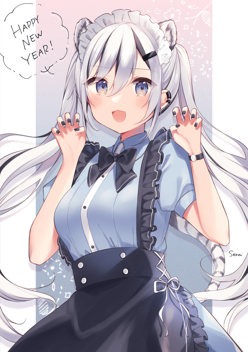 1girl :d absurdres animal_ear_fluff animal_ears apron black_apron black_bow black_hair black_nails blue_eyes blue_shirt bow breasts chinese_zodiac claw_pose collared_shirt commentary dress_shirt ear_piercing frilled_apron frills hair_ornament hairclip hands_up happy_new_year highres maid_headdress medium_breasts multicolored_hair nail_polish new_year original piercing shiino_sera shirt silver_hair smile solo streaked_hair tail tiger_ears tiger_girl tiger_tail twintails watch wristwatch year_of_the_tiger