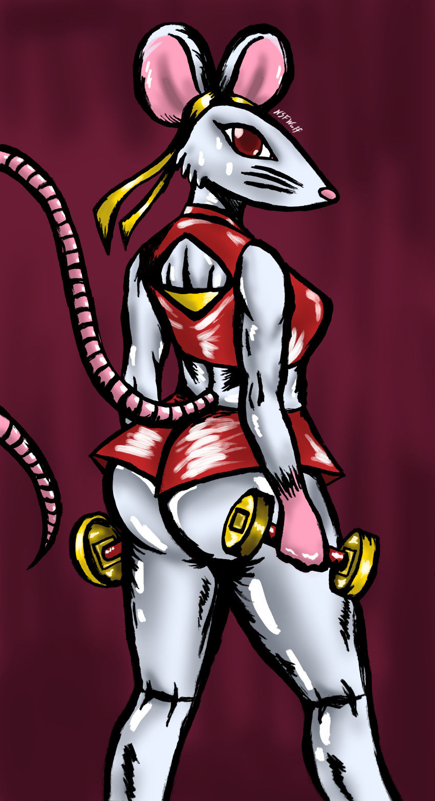 absurd_res anthro athletic athletic_female bodily_fluids bottomwear butt butt_focus chinese_zodiac clothing crop_top dumbbell female fur grey_body grey_fur gym_bottomwear gym_clothing gym_shorts hi_res looking_at_viewer looking_back mammal murid murine muscular muscular_anthro muscular_female nsfwulf rat red_background red_eyes ribbons rodent shirt shorts simple_background sleeveless_shirt solo sweat topwear watermark weights whiskers year_of_the_rat