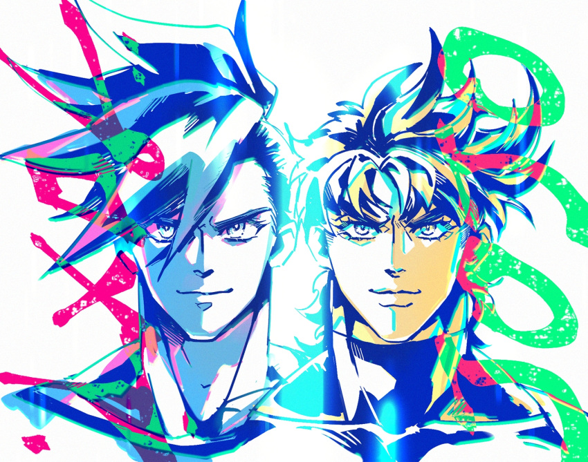 2boys battle_tendency colorful copyright_name crossover eyelashes galo_thymos jojo_no_kimyou_na_bouken joseph_joestar joseph_joestar_(young) look-alike male_focus messy_hair multiple_boys promare sidecut sleeveless sleeveless_turtleneck smile spiked_hair thick_eyebrows trait_connection turtleneck xing_xiao