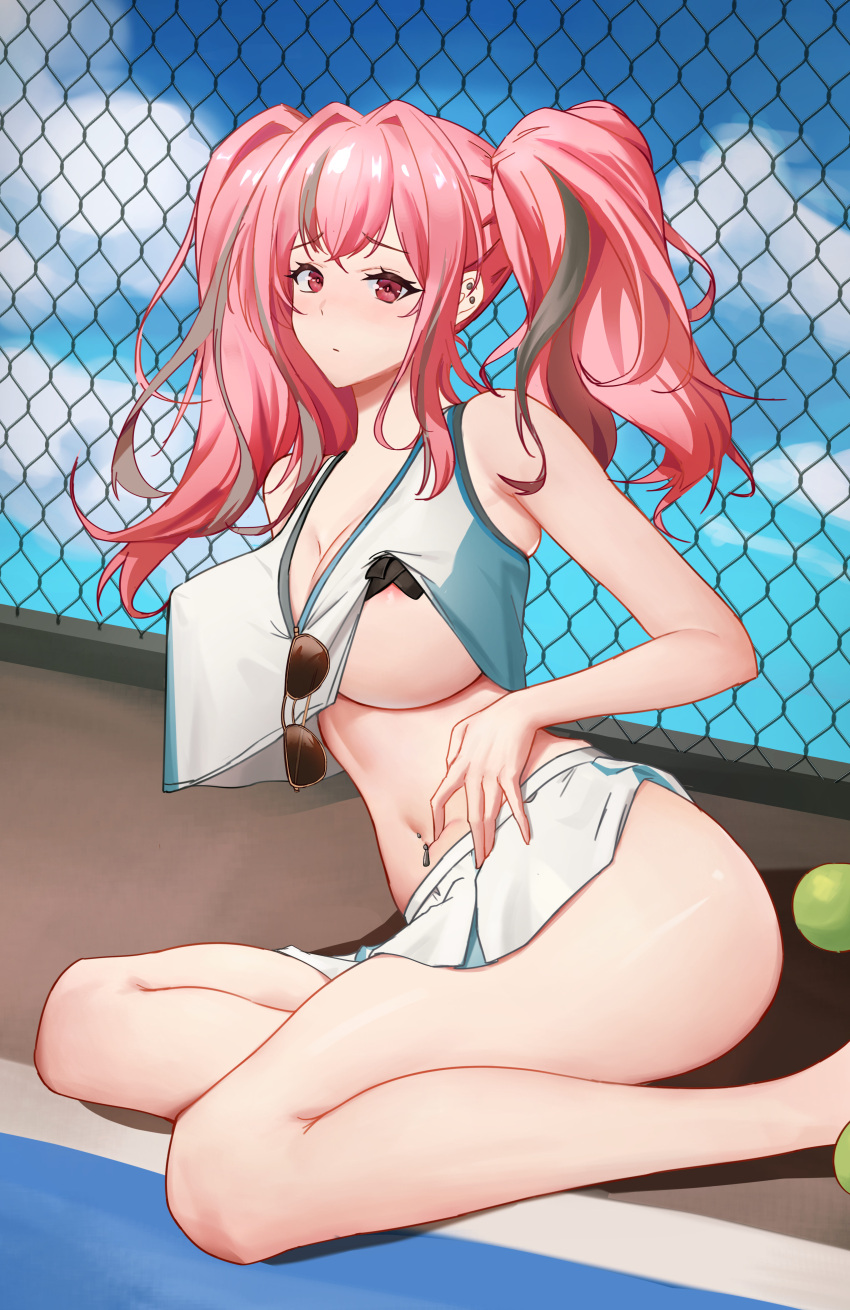 1girl absurdres areola_slip areolae azur_lane ball breasts bremerton_(azur_lane) bremerton_(scorching-hot_training)_(azur_lane) chain-link_fence covered_nipples crop_top crop_top_overhang crossed_bandaids eyebrows_visible_through_hair eyewear_hang eyewear_removed feet_out_of_frame fence grey_hair highres large_breasts long_hair looking_at_viewer miniskirt multicolored_hair navel_piercing no_mole official_alternate_costume piercing pink_eyes pink_hair shirt skirt sleeveless sleeveless_shirt solo sportswear streaked_hair tennis_ball tennis_court two-tone_hair two-tone_shirt two-tone_skirt white_skirt zxllr