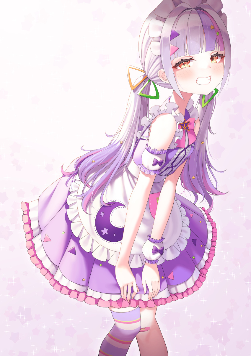 1girl absurdres apron detached_sleeves frilled_apron frills gradient_hair grin hair_ornament hairclip highres hololive kage_(ka_9e_4su) lolita_fashion long_hair looking_at_viewer maid maid_headdress multicolored_hair murasaki_shion official_alternate_costume purple_hair purple_skirt silver_hair skirt sleeveless smile smug solo streaked_hair sweet_lolita triangle_hair_ornament twintails virtual_youtuber waist_apron white_apron yellow_eyes