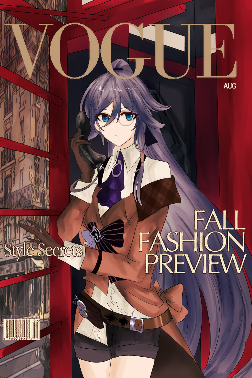 1girl absurdres bangs black_gloves black_hair black_shorts blue_eyes brown_jacket cover detective fu_hua fu_hua_(valkyrie_accipter) gloves hair_between_eyes highres holding holding_phone honkai_(series) honkai_impact_3rd jacket long_hair long_sleeves looking_at_viewer magazine_cover monocle phone phone_booth polo_shirt ponytail shirt shorts white_shirt yorutic