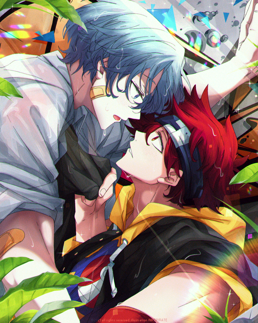 2boys artist_name blue_eyes blue_hair blush chromatic_aberration clothes_pull dated diffraction_spikes hasegawa_langa headband highres hood hoodie inkspirate kabedon kyan_reki lens_flare lens_flare_abuse male_focus messy_hair multiple_boys orange_eyes purple_headband red_hair shirt shirt_pull sk8_the_infinity sleeves_rolled_up smile sweat toned toned_male watermark yaoi yellow_hoodie
