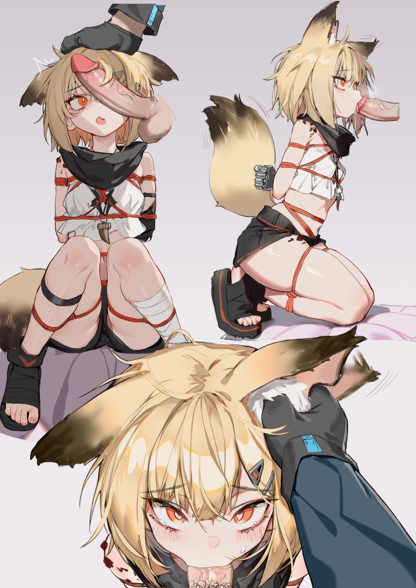 1boy absurdres animal_ear_fluff animal_ears arknights artist_request bangs bdsm black_cape blonde_hair blush bondage bound cape commission eyebrows_visible_through_hair fang flat_chest fox_ears full_body hair_between_eyes hair_ornament hairpin hetero highres kneeling leg_strap looking_at_viewer multiple_girls multiple_views open_mouth oral orange_eyes penis petite restrained scarf second-party_source shibari short_hair skin_fang solo tail toeless_footwear vermeil_(arknights)