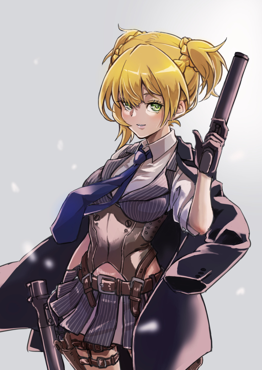 1girl black_gloves black_jacket blonde_hair blue_necktie breasts collared_shirt corset cowboy_shot dual_wielding girls'_frontline gloves green_eyes gun handgun highres holding holding_gun holding_weapon holster jacket jacket_on_shoulders necktie pinstripe_pattern pinstripe_vest redz shirt short_hair small_breasts solo standing striped striped_vest thigh_holster two_side_up vertical-striped_vest vertical_stripes vest weapon welrod welrod_mk2 welrod_mkii_(girls'_frontline) white_shirt