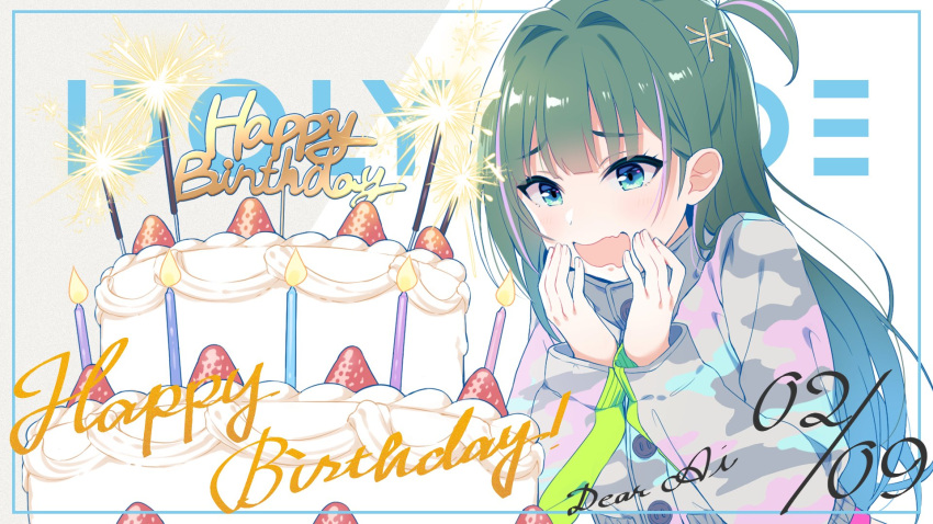 1girl birthday birthday_cake blue_eyes breasts cake food fruit green_hair happy_birthday highres idoly_pride komiyama_ai long_hair looking_at_viewer open_mouth qp:flapper solo strawberry