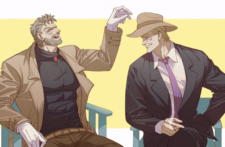 2boys alternate_universe beard blonde_hair brown_coat caesar_anthonio_zeppeli cigarette coat derivative_work facial_hair facial_mark formal gloves grey_hair hand_in_pocket hat headwear_switch highres jewelry jojo_no_kimyou_na_bouken joseph_joestar joseph_joestar_(old) laughing long_coat male_focus multiple_boys necktie old old_man older reference_photo ring spadelake stardust_crusaders suit wedding_ring white_gloves