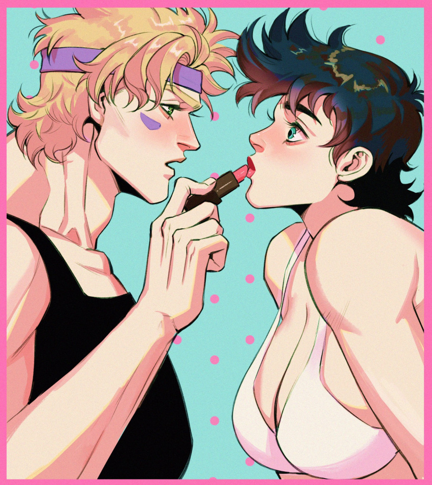 1boy 1girl applying_makeup aqua_eyes battle_tendency black_hair blonde_hair bra breasts caesar_anthonio_zeppeli cleavage facial_mark genderswap green_eyes headband highres jojo_no_kimyou_na_bouken joseph_joestar joseph_joestar_(young) large_breasts lipstick makeup purple_headband short_hair spadelake spiked_hair underwear