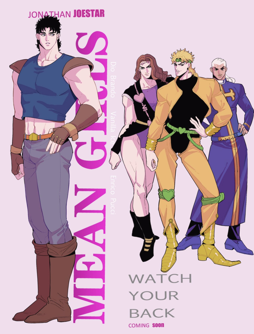 4boys armor black_hair blonde_hair boots brown_hair dark-skinned_male dark_skin derivative_work dio_brando enrico_pucci fingerless_gloves gloves habit highres jacket jojo_no_kimyou_na_bouken jonathan_joestar knee_boots leotard long_hair male_focus mean_girls midriff multiple_boys parody pauldrons phantom_blood priest shoulder_armor spadelake stardust_crusaders vanilla_ice white_hair yellow_jacket