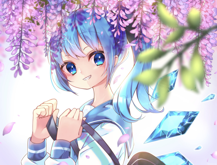 1girl alternate_hair_length alternate_hairstyle backlighting backpack bag blue_eyes blue_hair censored cirno flower grin highres ice ice_wings long_hair looking_at_viewer mosaic_censoring overexposure ponytail purple_flower randoseru smile solo touhou upper_body wings wisteria yuineko