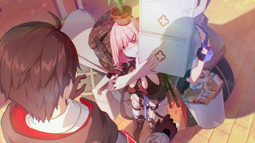 1boy 1girl back bag bangs black_footwear black_gloves black_jacket black_shirt boots breasts brown_coat brown_hair bucket camouflage_bag carrying cleavage coat first_aid_kit gloves highres holding honkai_(series) honkai_impact_3rd jacket liumang_tu_shua_p_zhan long_sleeves looking_at_another mask mouth_mask official_art outdoors pink_eyes pink_hair plant pot potted_plant protagonist_(honkai_impact) shirt short_hair standing thigh_boots thighhighs tile_floor tiles timido_(honkai_impact) white_gloves