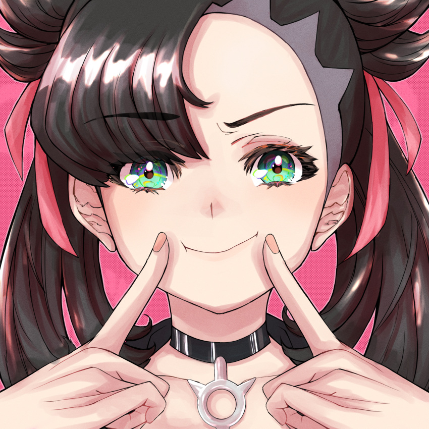 1girl asymmetrical_bangs bangs black_choker black_hair choker close-up closed_mouth commentary_request ears eyebrows_visible_through_hair fingers fingersmile forced_smile furrowed_brow green_eyes hair_ribbon hands_up highres looking_at_viewer marnie_(pokemon) pendant_choker pink_background pink_ribbon pokemon pokemon_(game) pokemon_swsh portrait ribbon smile solo twintails two_side_up uyumaru_art