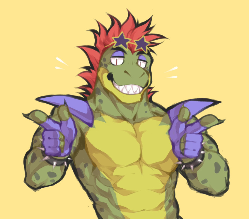 alligator alligatorid anthro bracelet clothing crocodilian fingerless_gloves five_nights_at_freddy's five_nights_at_freddy's:_security_breach flunky gloves hair handwear hi_res jewelry looking_back male mohawk montgomery_gator_(fnaf) red_hair reptile scalie scottgames simple_background smile solo spiked_bracelet spikes star_glasses video_games