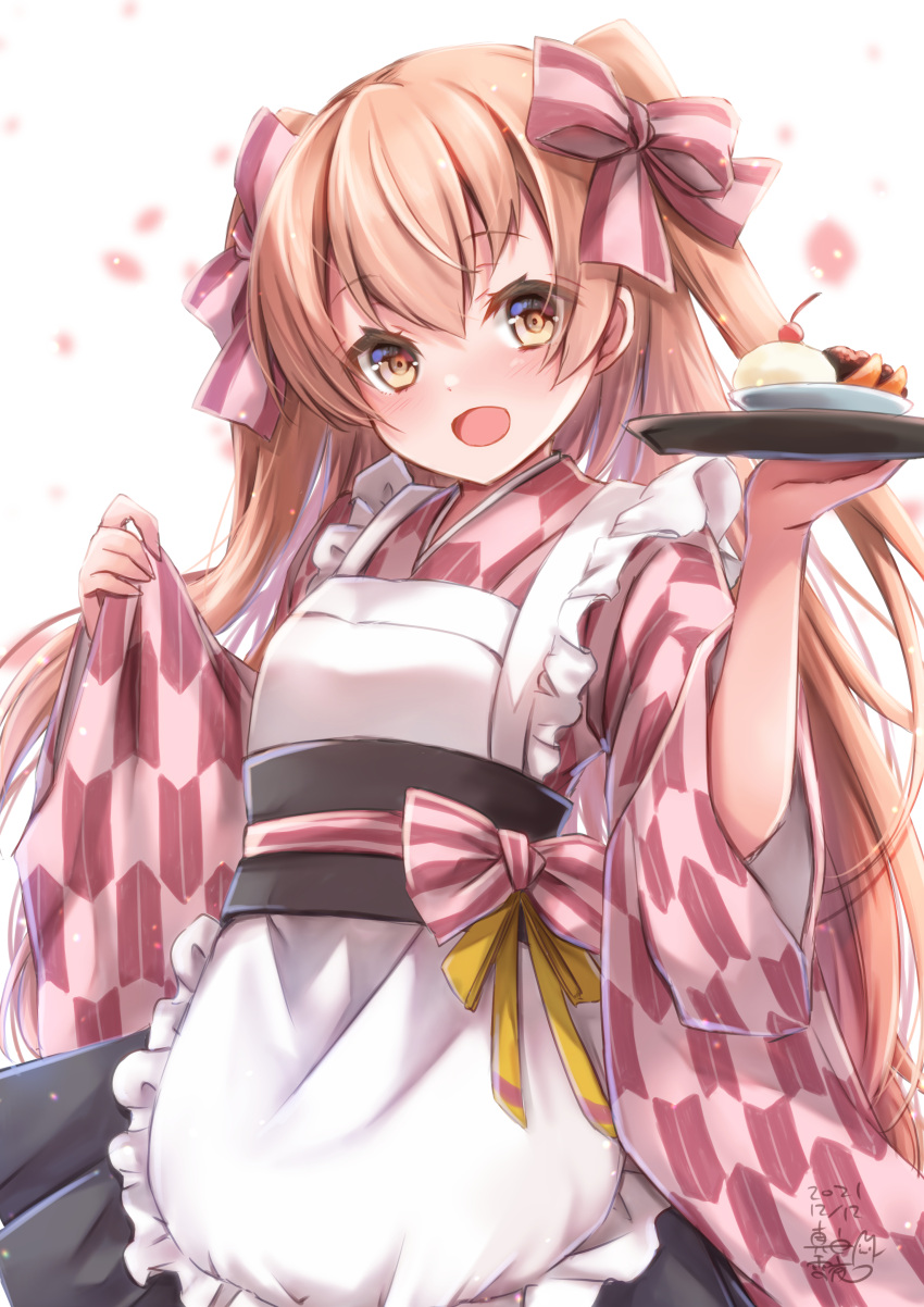 1girl absurdres alternate_costume anmitsu_(dessert) apron artist_name black_hakama blush brown_eyes dated enmaided eyebrows_visible_through_hair hair_between_eyes hakama highres holding holding_tray japanese_clothes johnston_(kancolle) kantai_collection kimono light_brown_hair long_hair long_sleeves maid mashiro_yukiya obi open_mouth pink_kimono sash signature simple_background smile solo tray two_side_up wa_maid white_apron white_background wide_sleeves