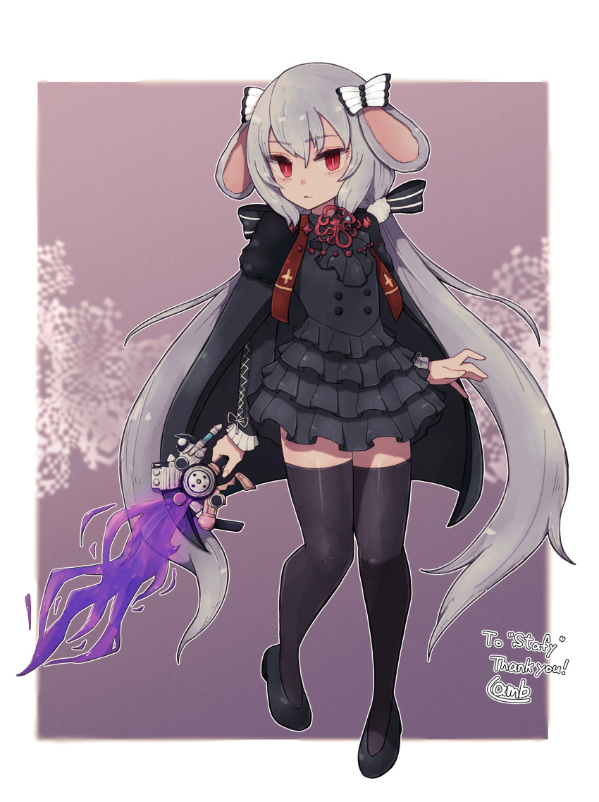 1girl absurdres animal_ears artist_name black_dress black_footwear black_legwear bow buttons closed_mouth commission commissioner_upload double-breasted dress ears_down full_body grey_hair hair_bow highres holding holding_sword holding_weapon lamb-oic029 layered_dress long_hair long_sleeves looking_at_viewer low_twintails original rabbit_ears red_eyes shoes signature skeb_commission solo sword thighhighs twintails very_long_hair weapon white_bow