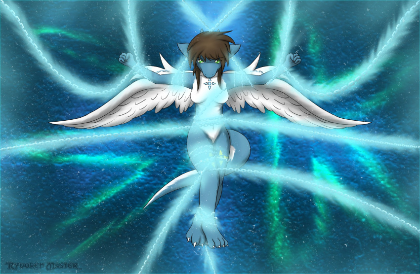 anthro arms_tied blue_body blue_fur bound bound_waist bound_wrists breasts brown_hair chain chained_up claws crossed_legs dragon feathered_wings feathers female fur fur_markings furred_dragon giru_(artist) glowing_chain green_eyes hair hi_res legs_tied looking_at_viewer lowered_head markings myriam_(giru) nude solo spread_arms spread_wings white_body white_fur wings