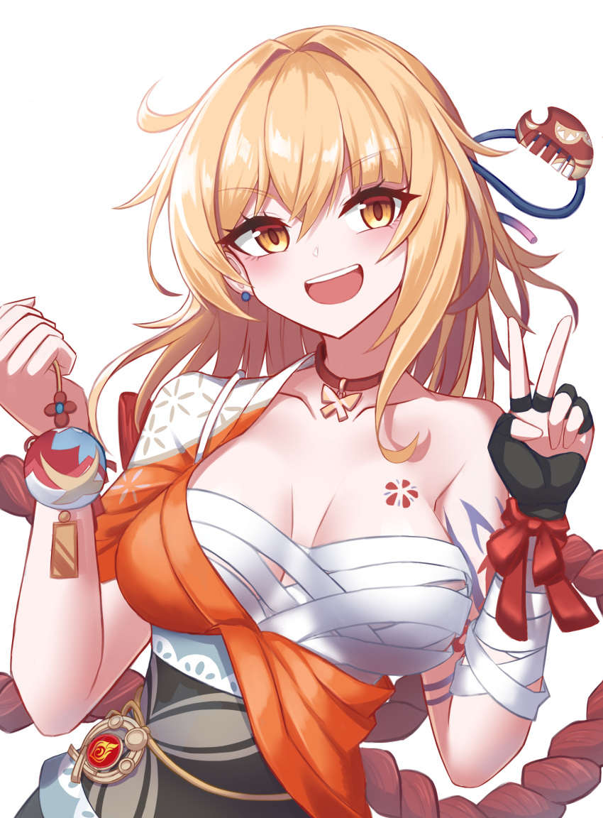 1girl 74239600 :d bangs black_gloves blonde_hair breasts choker cleavage collarbone crossed_bangs earrings eyebrows_visible_through_hair fingerless_gloves genshin_impact gloves hair_between_eyes hair_down hair_intakes highres holding japanese_clothes jewelry kimono large_breasts medium_breasts medium_hair open_mouth orange_eyes orange_kimono red_ribbon ribbon sarashi simple_background single_glove single_strap smile solo tattoo upper_body v vision_(genshin_impact) white_background wrist_ribbon yoimiya_(genshin_impact)