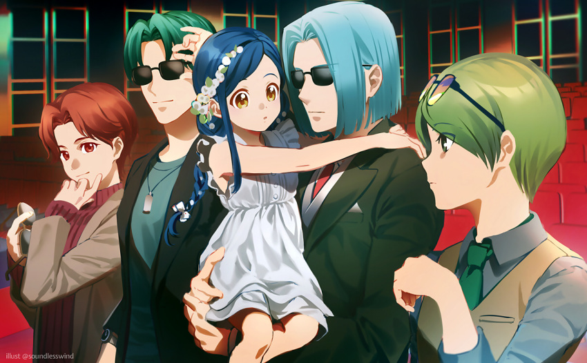 1girl 4boys aqua_shirt bangs black_jacket blue_hair braid braided_ponytail brown_eyes brown_hair brown_jacket carrying character_request closed_mouth collared_shirt dog_tags dress eyewear_on_head ferdinand_(honzuki_no_gekokujou) flower green_eyes green_hair green_necktie grey_shirt hair_flower hair_ornament hair_tubes holding holding_eyewear honzuki_no_gekokujou jacket kaze-hime long_hair long_sleeves maine_(honzuki_no_gekokujou) multiple_boys necktie open_clothes open_jacket parted_bangs ponytail red_eyes red_necktie red_sweater ribbed_sweater shiny shiny_hair shirt short_dress short_hair sleeveless sleeveless_dress smile straight_hair sunglasses sweater twitter_username upper_body watermark white_dress white_flower wing_collar