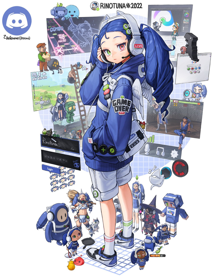 among_us amumu animal_crossing artist_name bag blue_hair blue_hoodie blue_shorts breasts chrome_(browser) chun-li closed_mouth discord english_commentary from_side full_body green_eyes hand_in_pocket hand_on_headset headset heterochromia highres hood hood_down hoodie league_of_legends long_hair looking_at_viewer looking_to_the_side messenger_bag minecraft minion_(league_of_legends) mummy poring ragnarok_online red_eyes rinotuna roblox shoes shorts shoulder_bag small_breasts sneakers socks standing stardew_valley steve_(minecraft) street_fighter the_sims white_bag white_legwear white_wings wings