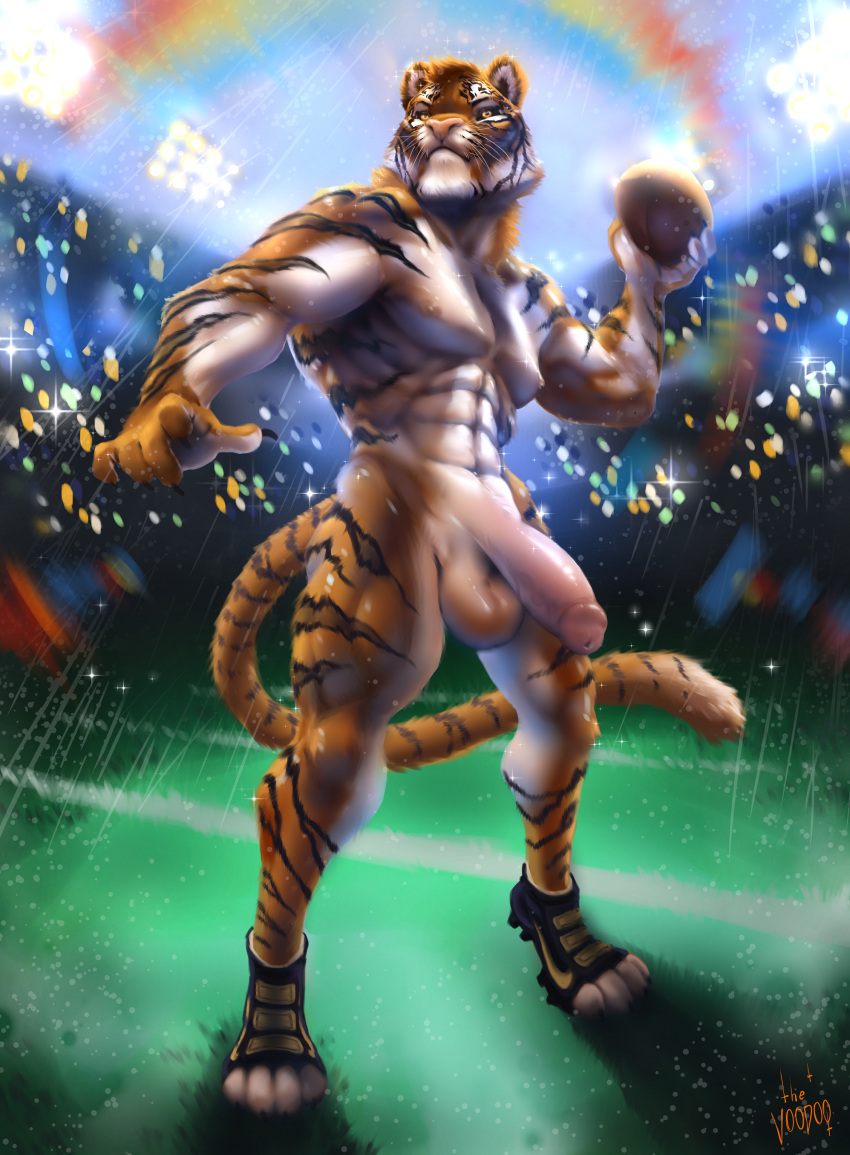 absurd_res anthro felid football_player football_uniform genitals hi_res male mammal muscular muscular_anthro muscular_male nipples nude pantherine public solo sport sportswear the_v00d00 tiger wet