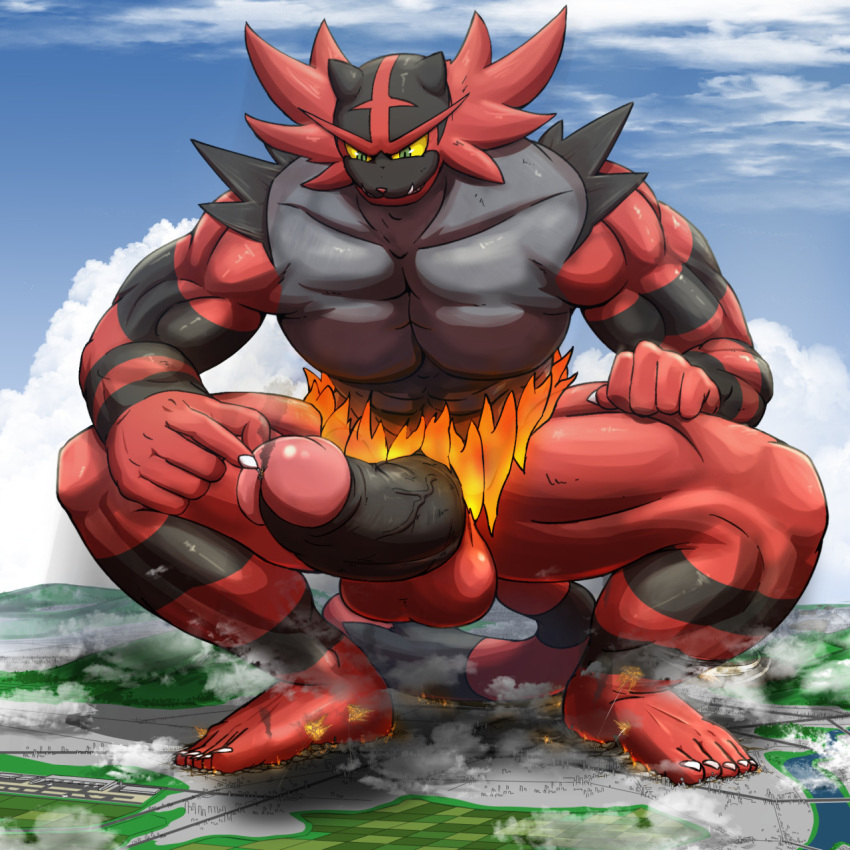 1:1 2021 aircraft airplane anthro balls big_balls big_penis city crouching destruction detailed_background digital_drawing_(artwork) digital_media_(artwork) erection front_view genitals hi_res humanoid_genitalia humanoid_penis incineroar macro male masturbation mfive_(artist) muscular muscular_male nintendo nude penile penile_masturbation penis pok&eacute;mon pok&eacute;mon_(species) solo stomping urethral video_games